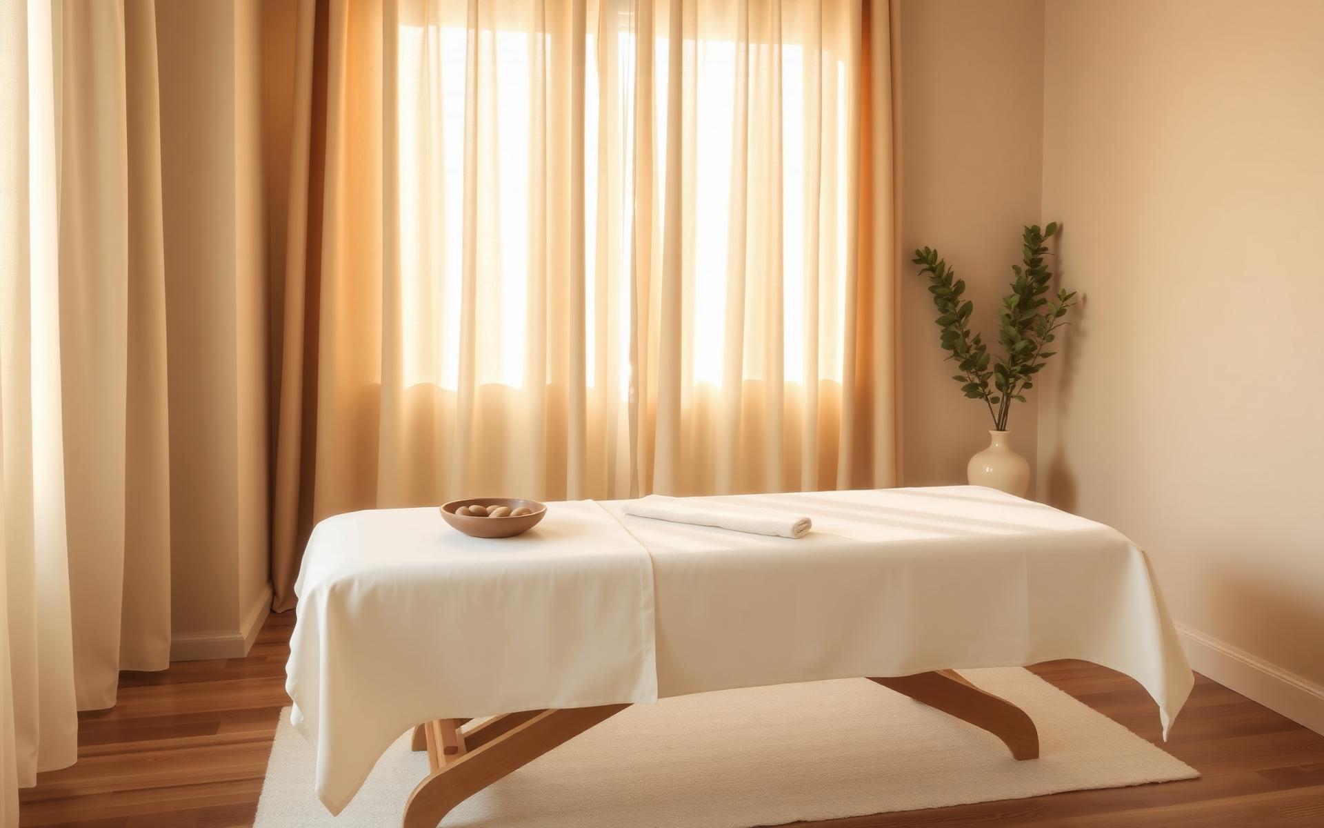 Serene massage room bathed in warm daylight